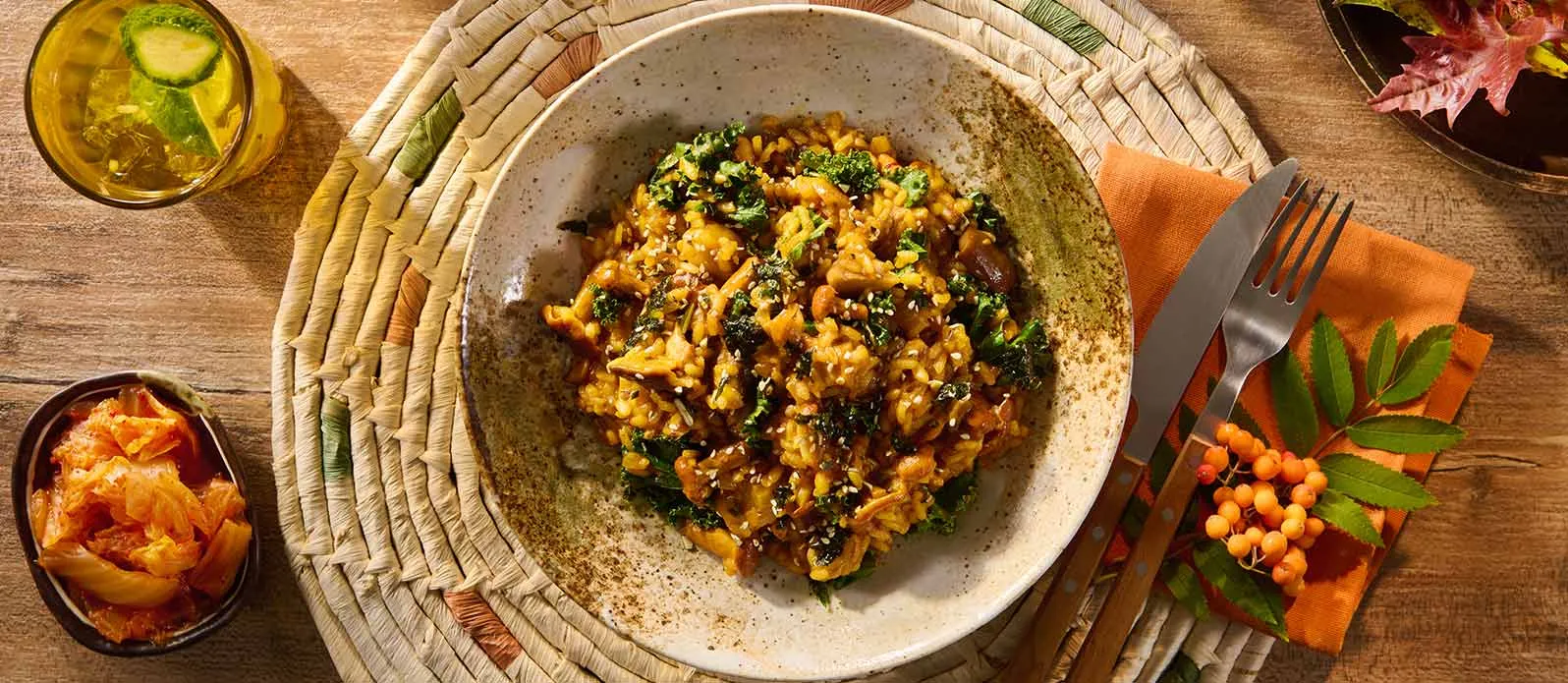 Джамбалайя с грибами, шафраном, кейлом и фурикакэ