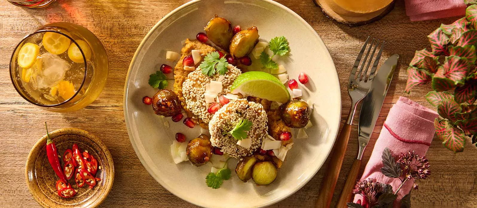 Рыбные котлеты с пюре из цветной капусты и с брюссельской капустой терияки