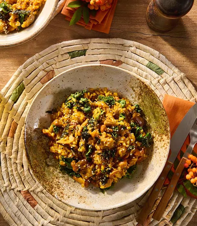 Джамбалайя с грибами, шафраном, кейлом и фурикакэ